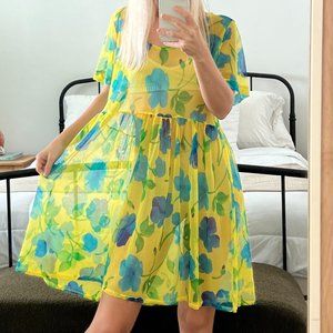 Cole of California 80s 90s VTG Mesh Floral Dress Swimsuit Swim Cover Up Vintage